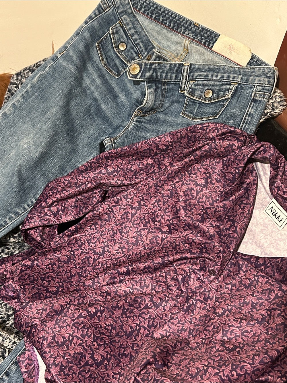 Gap Women's Boot Cut Jeans with vintage flowy Purple Floral Top outfit